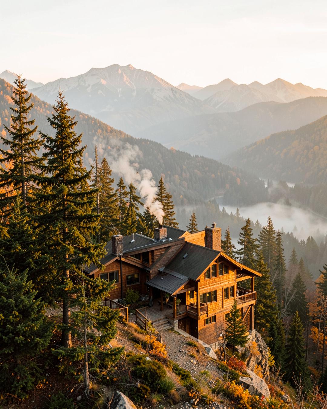 Warm autumn cabin on a Catskills evergreen ridge at golden hour